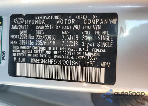 2013 Hyundai Santa Fe Gls z USA, uszkodzony, nr VIN KM8SN4HF5DU001861